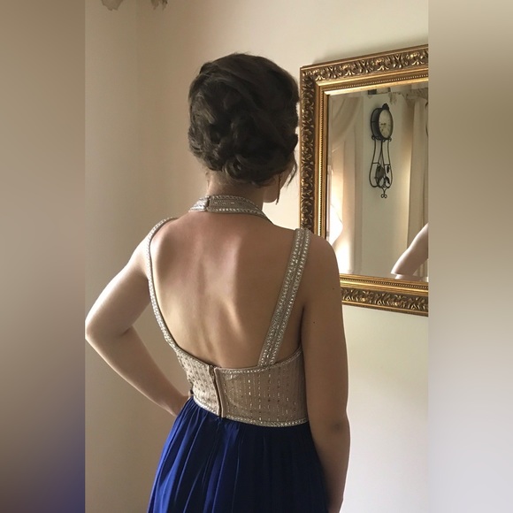 TLC Say Yes To The Prom navy blue skirt with beige sequin top dress. Size 3. - Picture 3 of 13